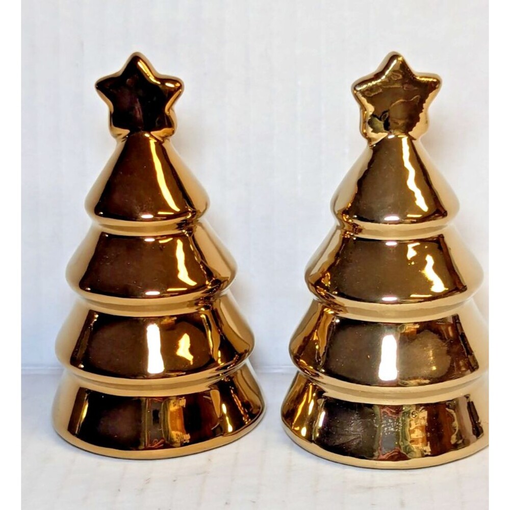 Be Merry Christmas Tree Salt Pepper Shakers Gold Ceramic Hand Painted Glaze Gift